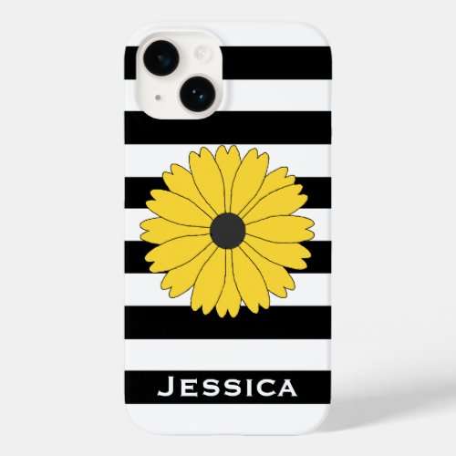 Big Yellow Daisy Black and White Striped Case_Mate iPhone 14 Case