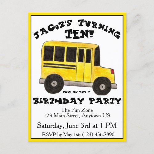 Big Yellow School Bus Child Birthday Party Invitation Postcard