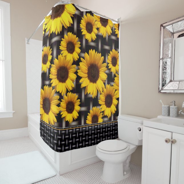 Big Yellow Sunflower Industrial Grid Weave Pattern Shower Curtain (In Situ)