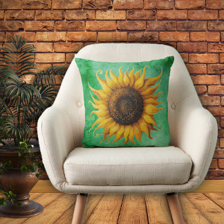 Big Yellow Sunflower Ornate Petals Shades of Green Throw Pillow