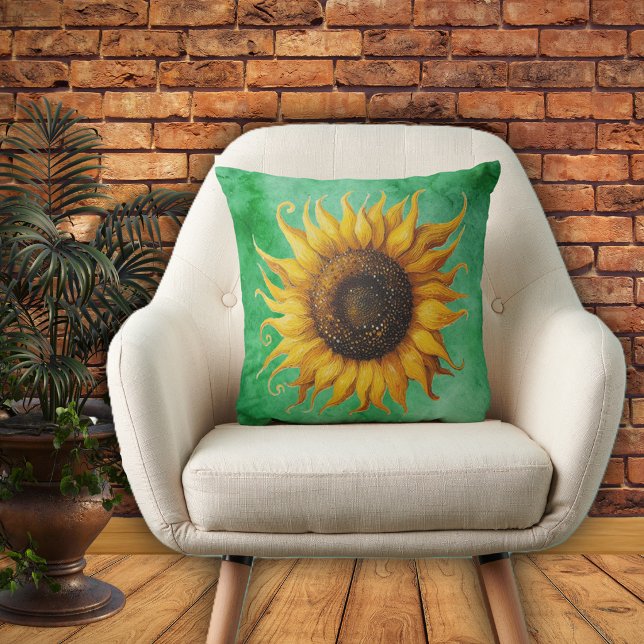 Big Yellow Sunflower Ornate Petals Shades of Green Throw Pillow (Big yellow brown sunflower ornate petals on shades of green decorative indoor pillow.)