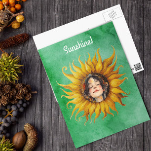 Big Yellow Sunflower With Face Of Girl on Green Postcard