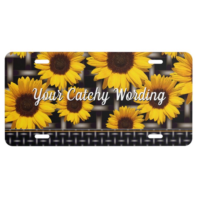 Big Yellow Sunflowers and Industrial Chic Grid License Plate (Front)