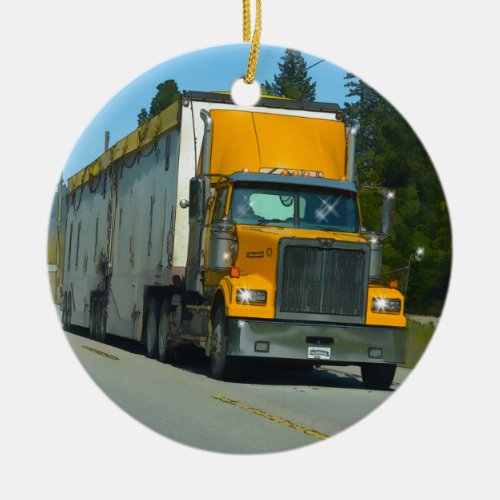 Big Yellow Truck and Highway Art for Lorry_lovers Ceramic Ornament