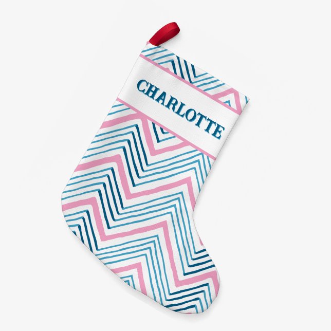 Big Zag Chevron in Pink + Aqua Personalized Small Christmas Stocking (Front (Hanging))