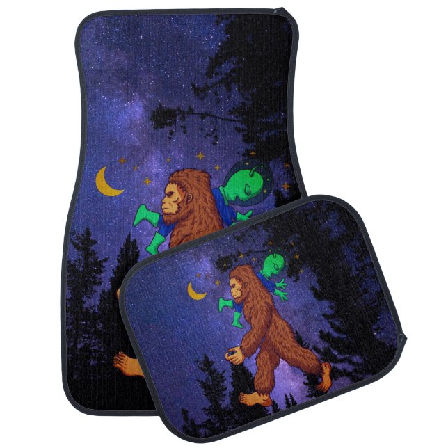 Bigfoot Abducting an Alien Dark Forest Funny  Car Floor Mat (Set)