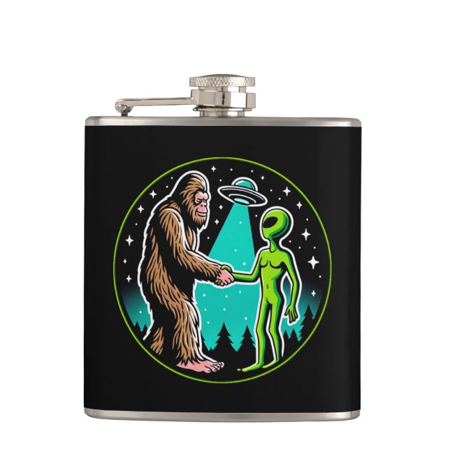 Bigfoot Alien Alliance - Funny Scifi Cryptid Flask (Front)