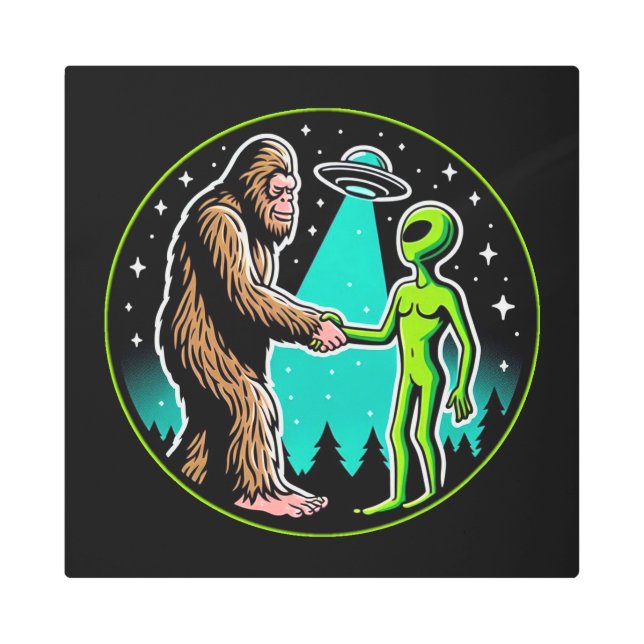 Bigfoot Alien Alliance - Funny Scifi Cryptid Metal Print (Front)