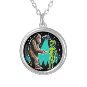 Bigfoot Alien Alliance - Funny Scifi Cryptid Silver Plated Necklace