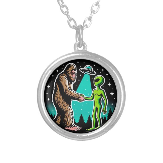 Bigfoot Alien Alliance - Funny Scifi Cryptid Silver Plated Necklace (Front)