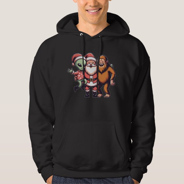Bigfoot Alien and Santa Claus Believer Cute Christ Hoodie (Front)