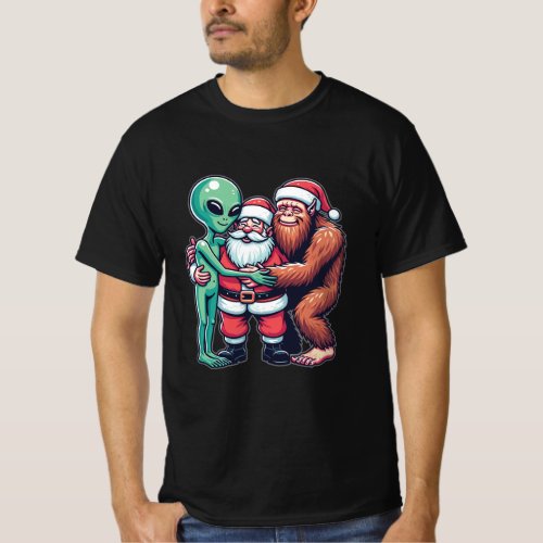 Bigfoot Alien and Santa Claus Believer Cute Christ T_Shirt