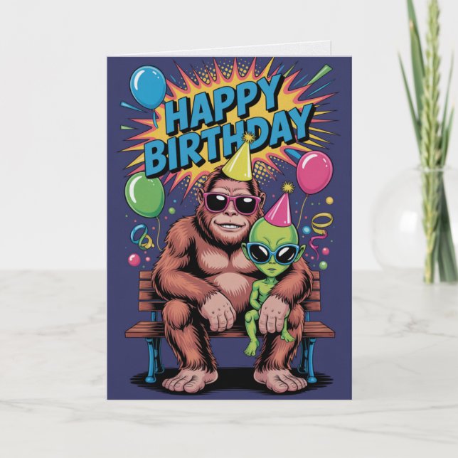 Bigfoot Alien Birthday Card Funny Cryptid UFO  (Front)