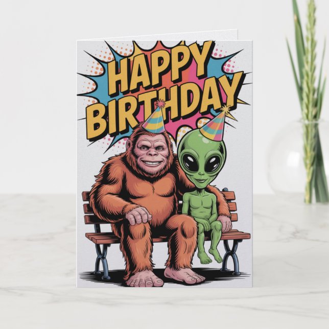 Bigfoot Alien Birthday Card  Funny Cryptid UFO (Front)