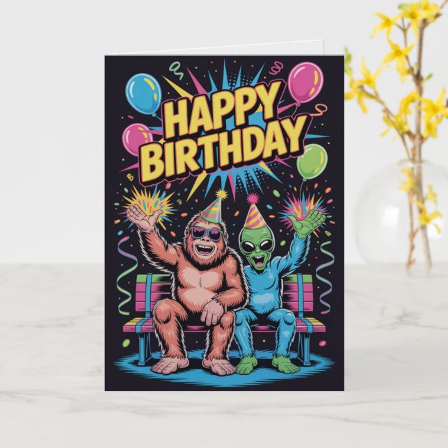 Bigfoot Alien Birthday Card Funny Cryptid UFO  (Yellow Flower)