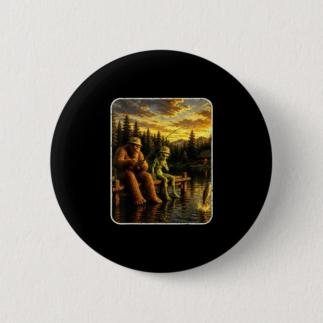 Bigfoot alien fishing funny men sasquatch lovers button (Front)