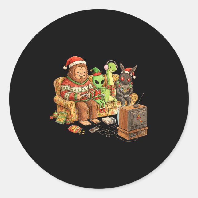 Bigfoot Alien Nessie Mothman Retro Gaming Christma Classic Round Sticker (Front)