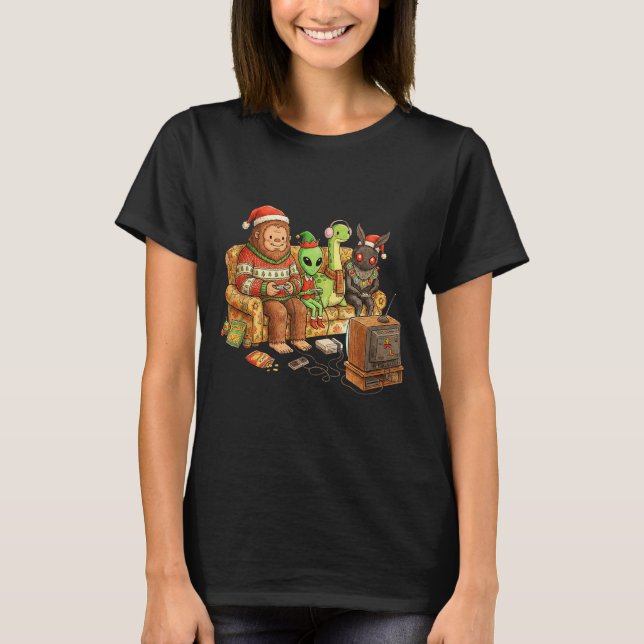 Bigfoot Alien Nessie Mothman Retro Gaming Christma T-Shirt (Front)