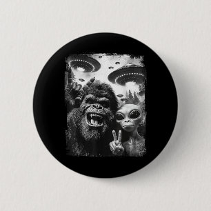 Bigfoot Alien Selfie Rock On Peace Sign Funny UFO Button