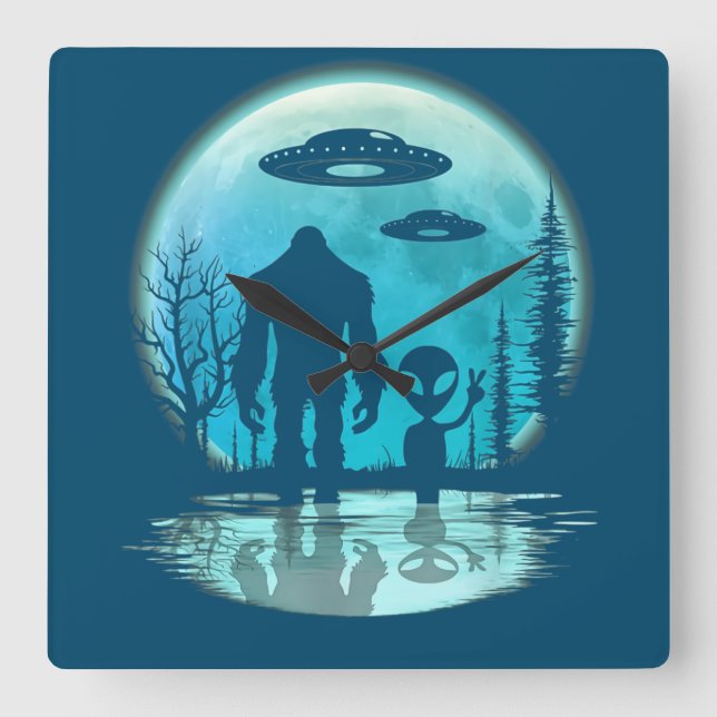 Bigfoot Alien UFO Disclosure Conspiracy Gift Square Wall Clock (Front)