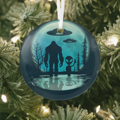 Bigfoot Alien UFO Glass Ornament