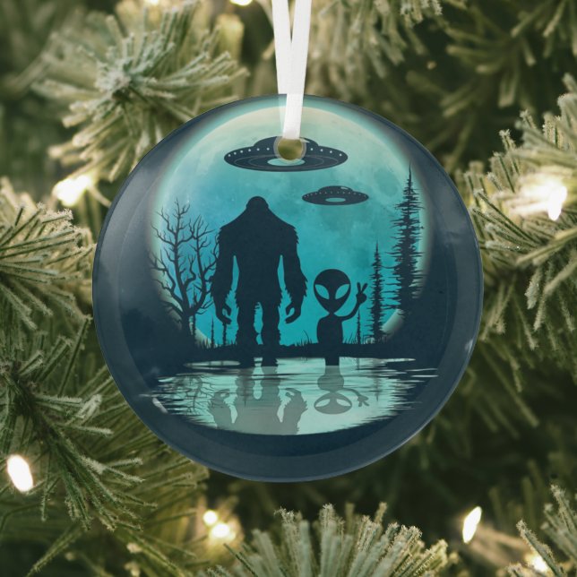 Bigfoot Alien UFO Glass Ornament (Insitu)