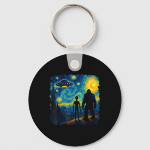 Bigfoot Alien Ufo Van Gogh Starry Night Sasquatch  Keychain