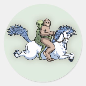 Bigfoot  Alien  Unicorn Classic Round Sticker by kbilltv at Zazzle