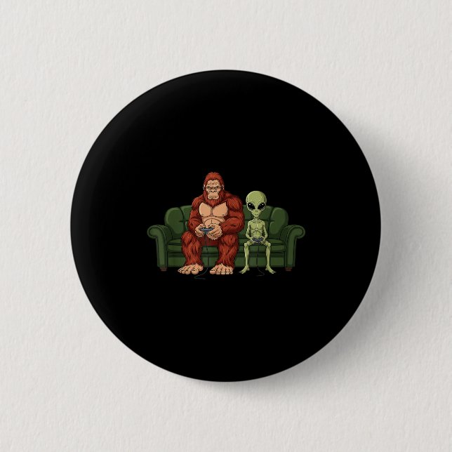 Bigfoot Alien Video Games Gaming Sasquatch Ufo Men Button (Front)