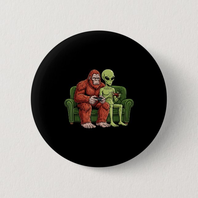 Bigfoot Alien Video Games Gaming Sasquatch Ufo Men Button (Front)