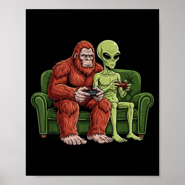 Bigfoot Alien Video Games Gaming Sasquatch Ufo Men Poster (Front)