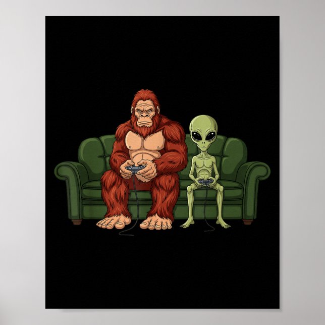 Bigfoot Alien Video Games Gaming Sasquatch Ufo Men Poster (Front)