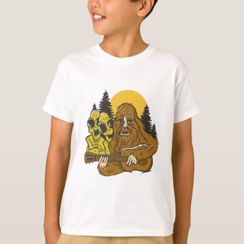 Bigfoot Aliens Guitar Camping Sasquatch Funny Gift T_Shirt
