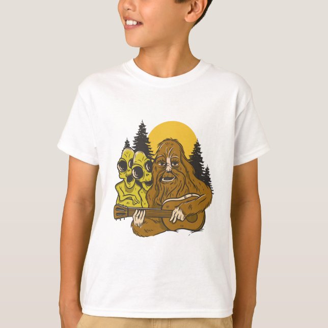 Bigfoot Aliens Guitar Camping Sasquatch Funny Gift T-Shirt (Front)