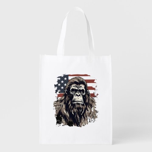 Bigfoot American Flag Patriotic Art Patriotic Sasq Grocery Bag
