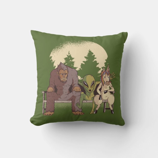 Bigfoot, An alien, and a unicorn Throw Pillow (Front)