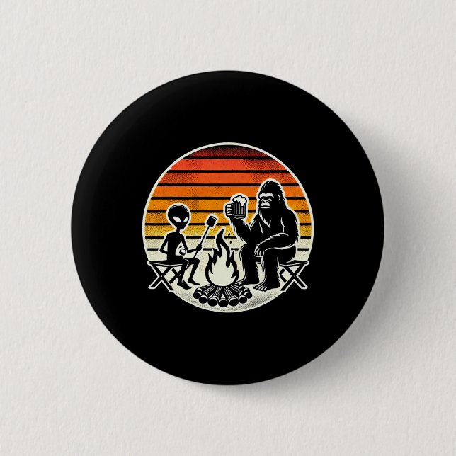 Bigfoot And Alien Camping Drinking Beer  Button (Front)