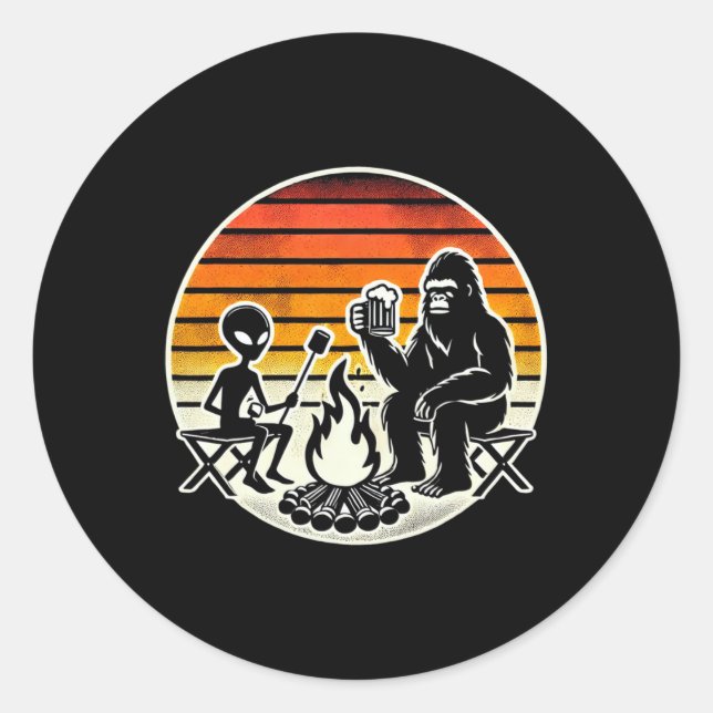 Bigfoot And Alien Camping Drinking Beer  Classic Round Sticker (Front)