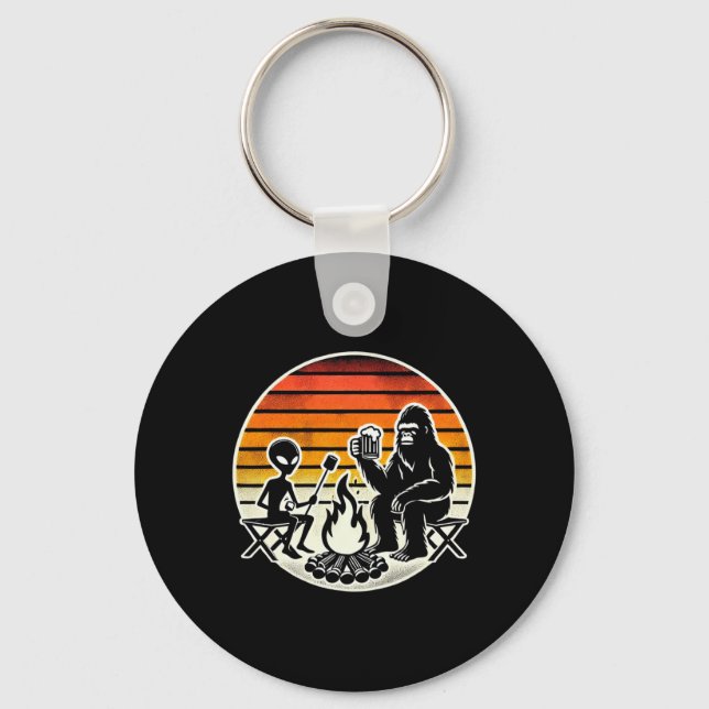 Bigfoot And Alien Camping Drinking Beer  Keychain (Front)