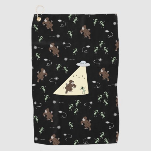 Bigfoot and Alien Dance Party on Black Golf Towel