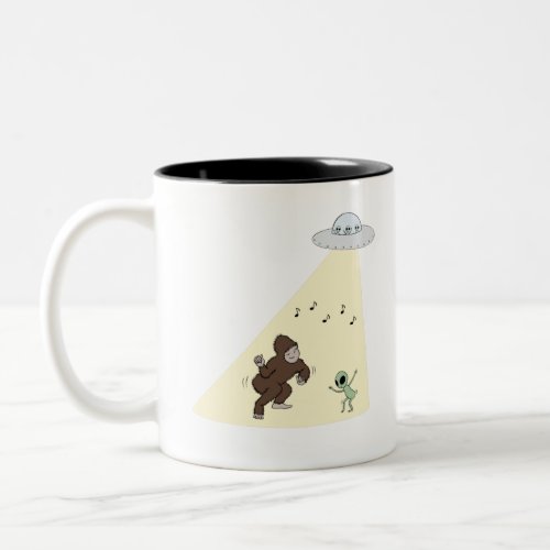 Bigfoot and Alien Dancing Two_Tone Coffee Mug
