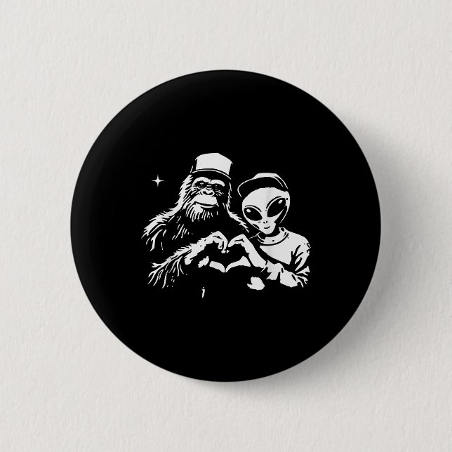 Bigfoot And Alien Heart Hands Funny Valentines Big Button (Front)