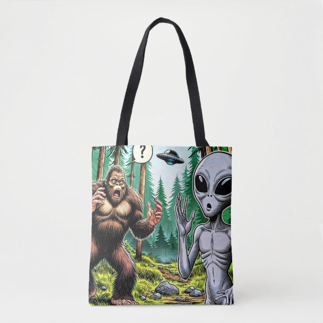 Bigfoot and Alien Humor Tote Bag (Front)