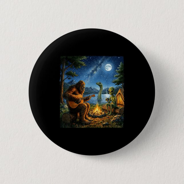 Bigfoot And Alien Loch Ness Campfire Sasquatch Fun Button (Front)