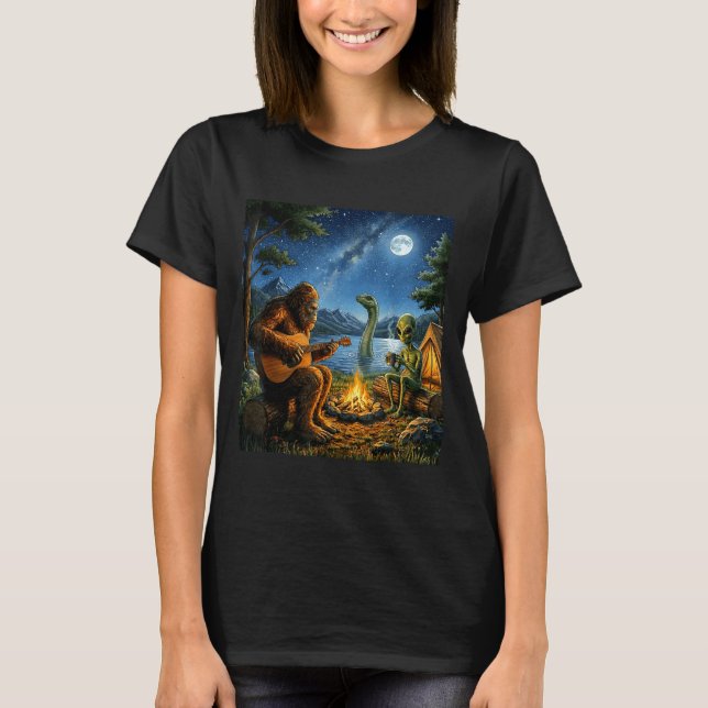 Bigfoot And Alien Loch Ness Campfire Sasquatch Fun T-Shirt (Front)
