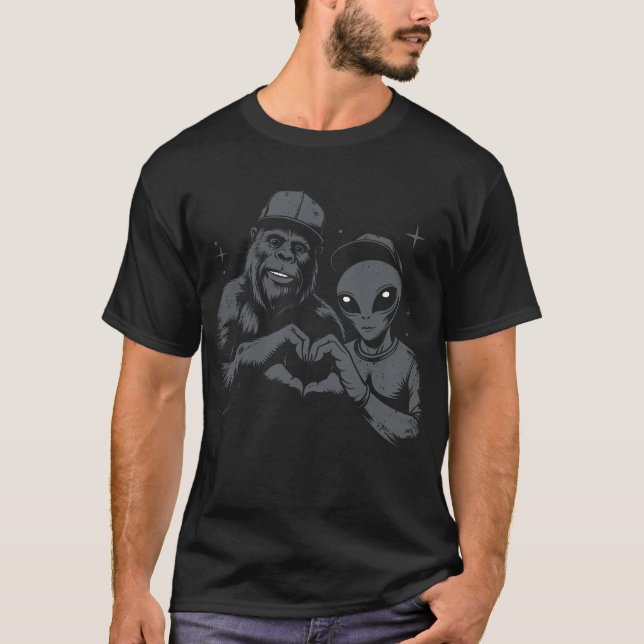 Bigfoot and Alien Love Hand Sign Funny Sasquatch a T-Shirt (Front)