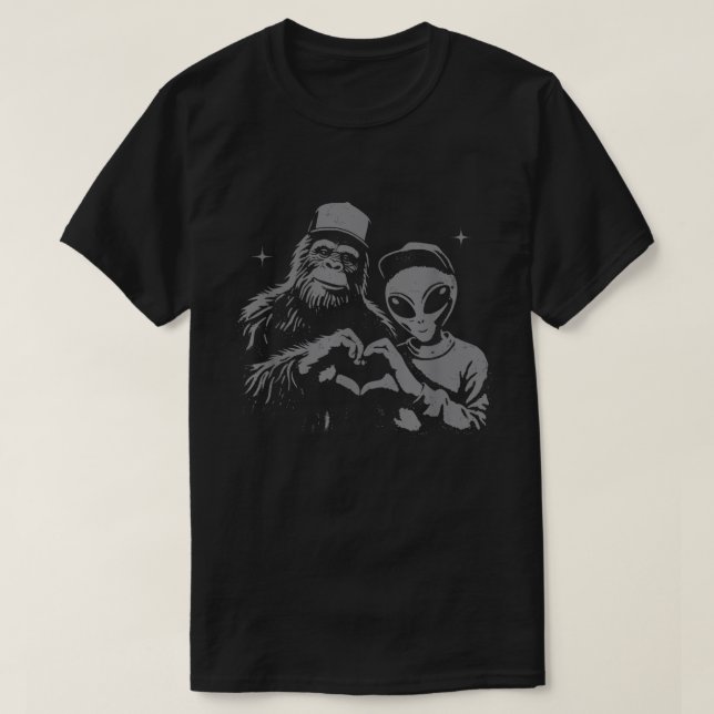 Bigfoot And Alien Sasquatch Love Hand Sign T-Shirt (Design Front)
