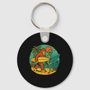 Bigfoot And Alien Surfing Vintage Beach Art Surfer Keychain