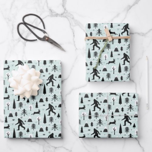 Bigfoot and Jackalope in the Woods Pattern Blue Wrapping Paper Sheets