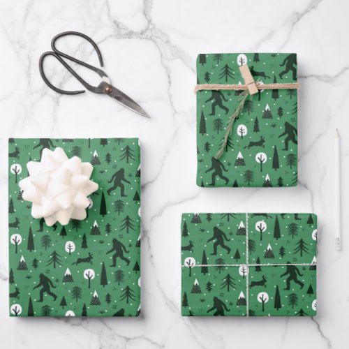 Bigfoot and Jackalope in the Woods Pattern Dark Gr Wrapping Paper Sheets